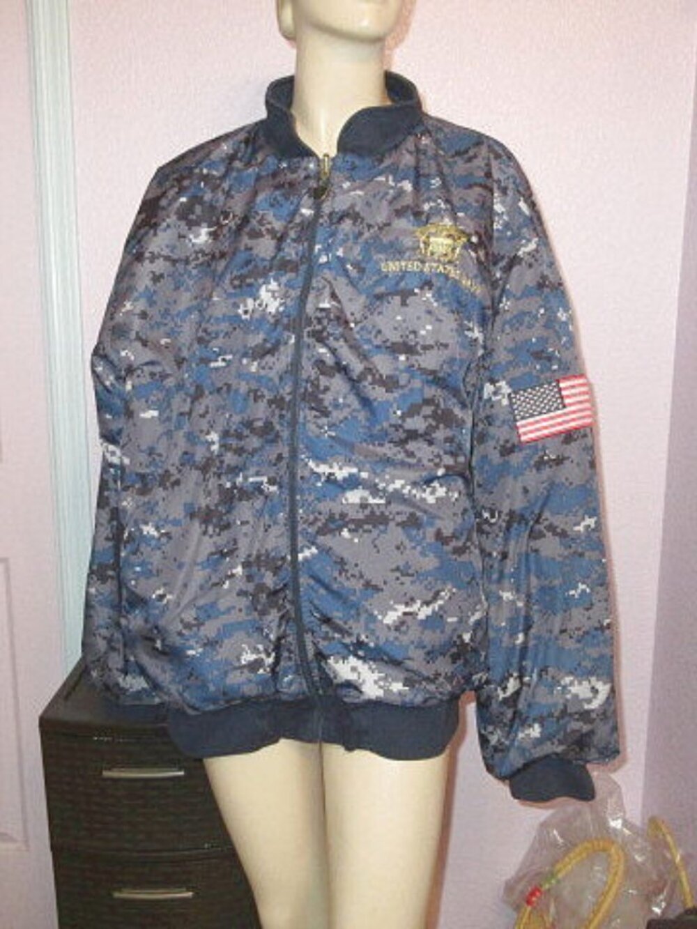 Vintage 90’s Reversible Navy Bomber Jacket Mens XXL Military Insignia USA Flag